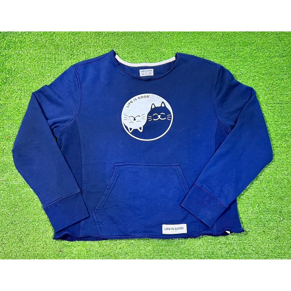 Life Is Good Sweatshirt Womens‎ MED Cat Yin Yang Pullover Y2K Blue EUC